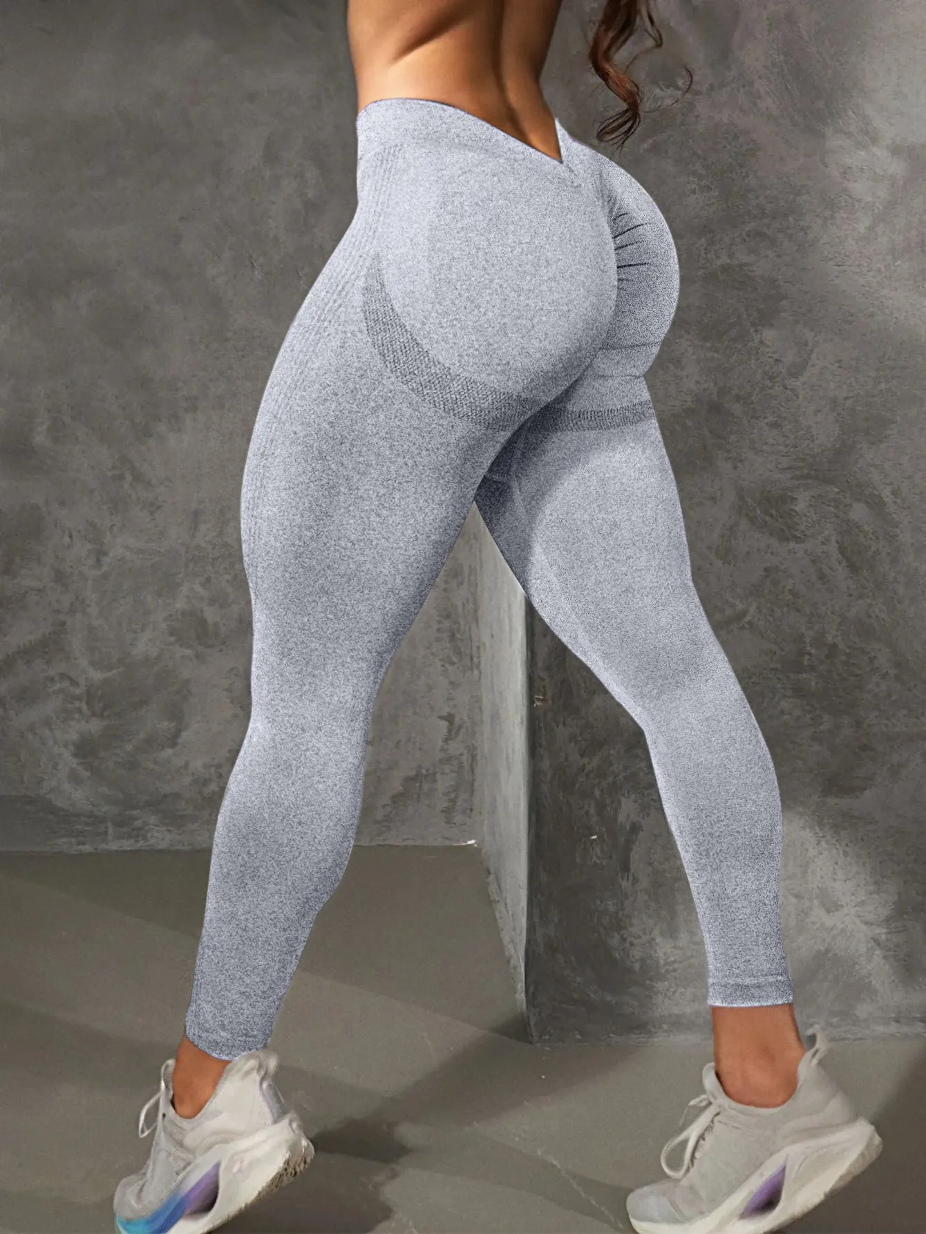 Acid Washed V-Back Side-Ribbed Smile Line Contour Leggings