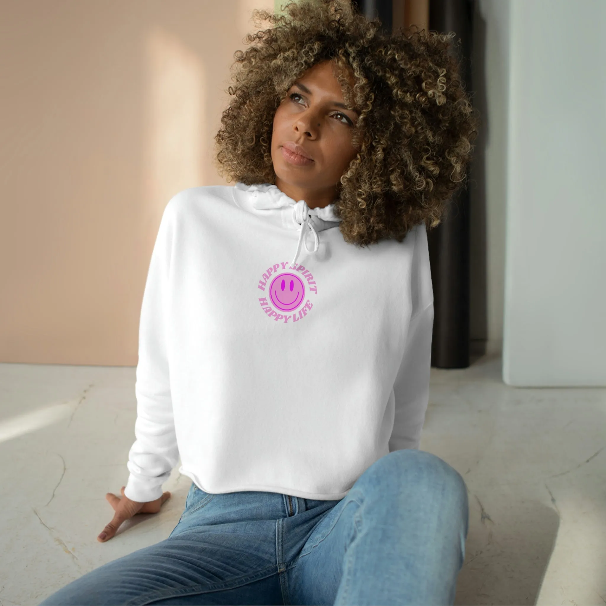 Aesthetic Cropped Hoodie, Smile Face Crop Top, Happy Spirit Happy Life Smile Cropped Top, Hoodie Women's Cropped Fleece Pullover