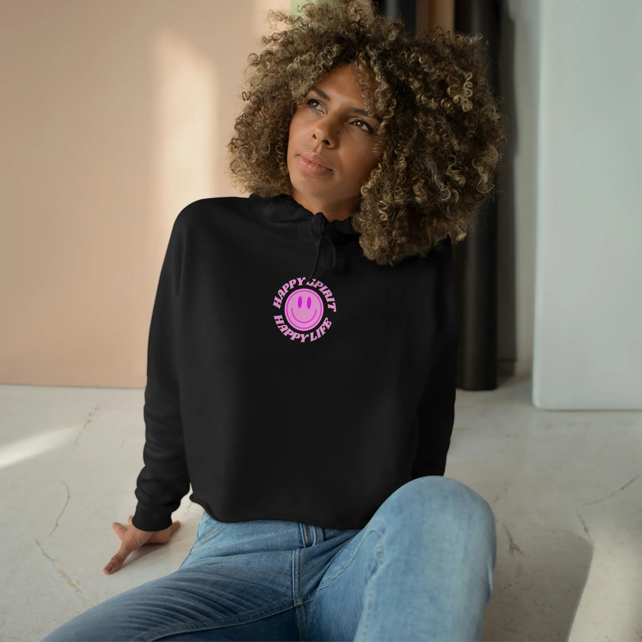 Aesthetic Cropped Hoodie, Smile Face Crop Top, Happy Spirit Happy Life Smile Cropped Top, Hoodie Women's Cropped Fleece Pullover