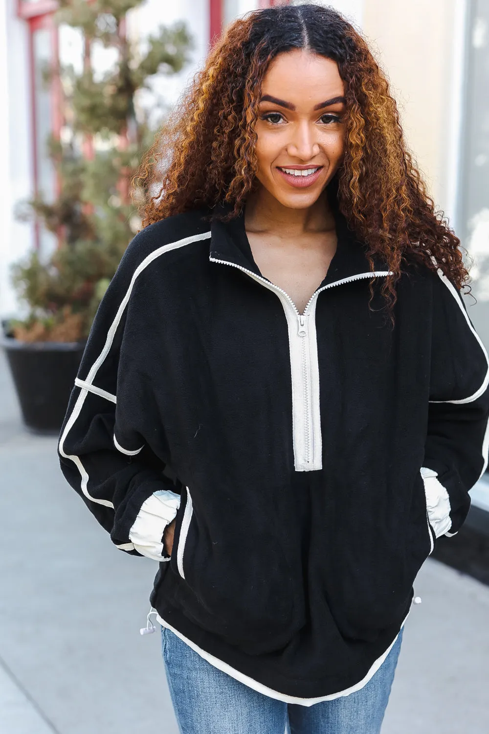 Cinched Waist Half Zip Up Fleece Jacket