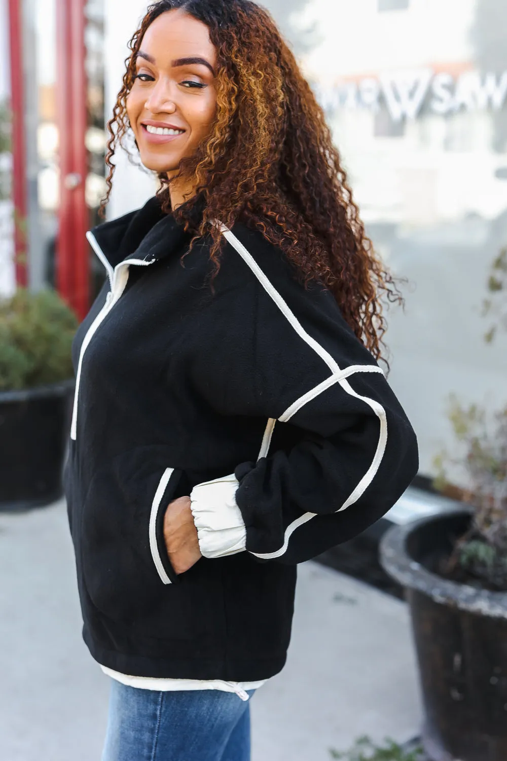 Cinched Waist Half Zip Up Fleece Jacket