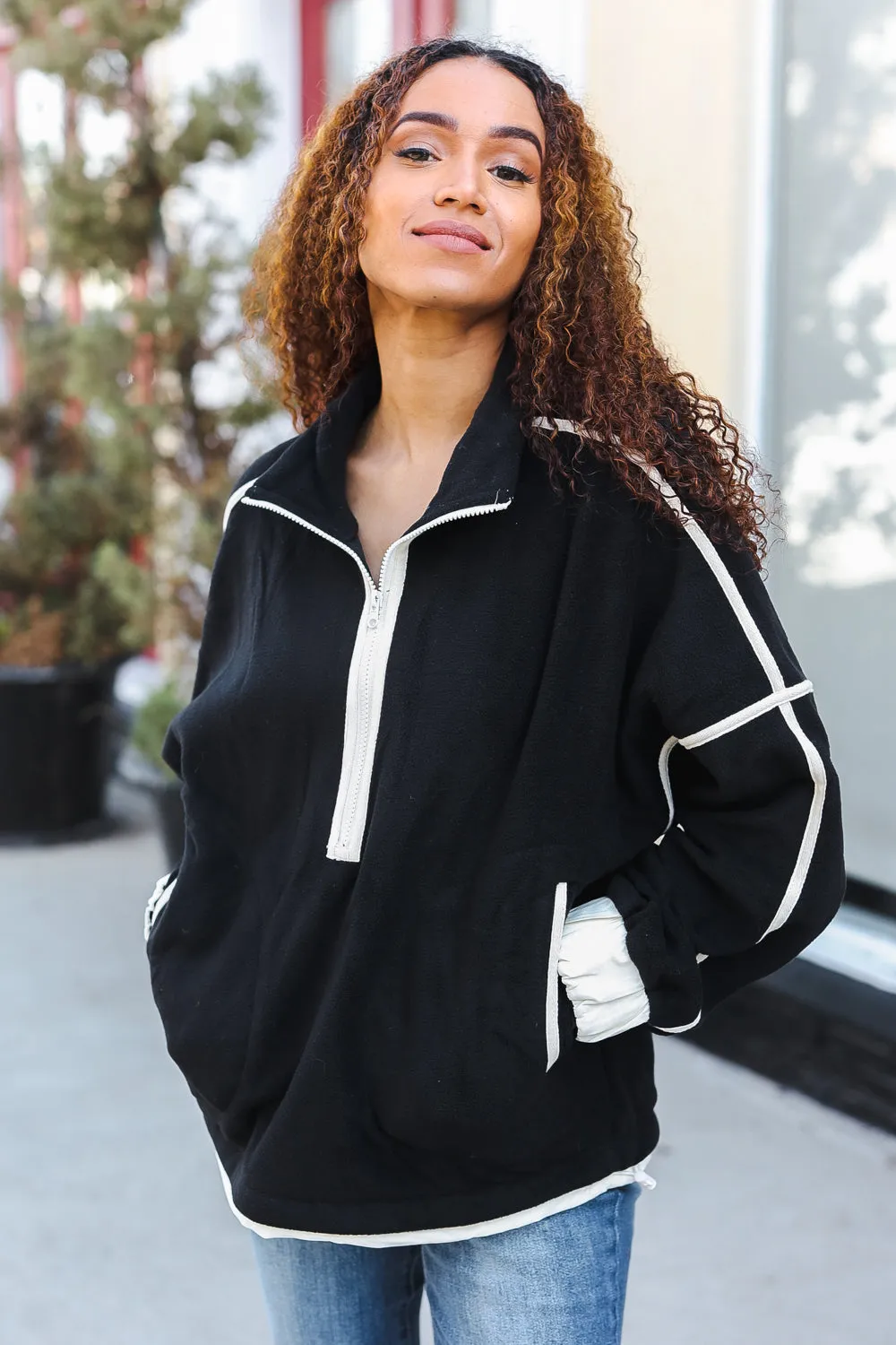 Cinched Waist Half Zip Up Fleece Jacket