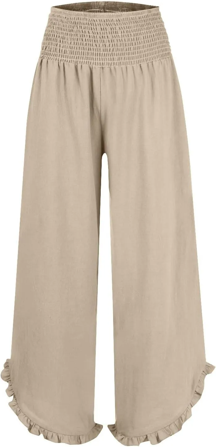Cotton Linen Pants Women Relaxed Fit Casual Flowy Wide Leg Beach Pants Lightweight Travel Vacation Trousers with Pockets