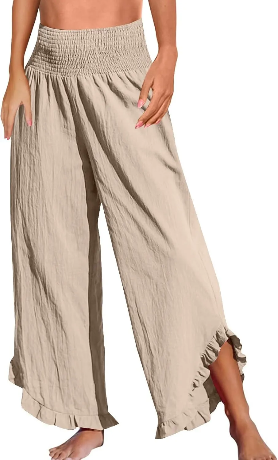 Cotton Linen Pants Women Relaxed Fit Casual Flowy Wide Leg Beach Pants Lightweight Travel Vacation Trousers with Pockets