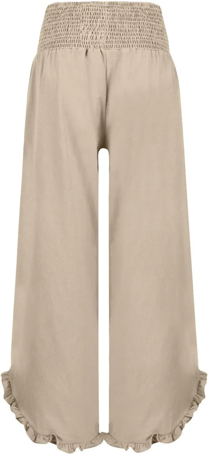 Cotton Linen Pants Women Relaxed Fit Casual Flowy Wide Leg Beach Pants Lightweight Travel Vacation Trousers with Pockets