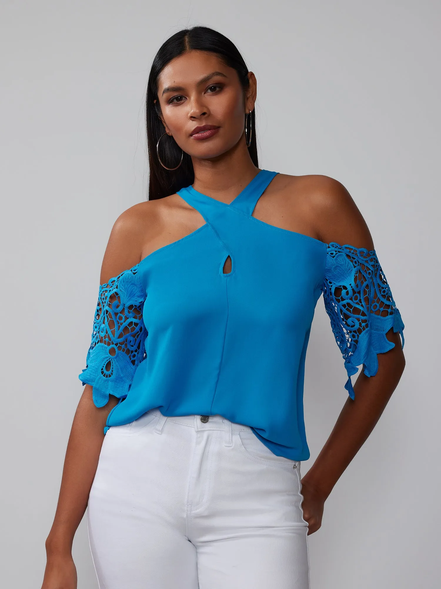 Crochet Sleeve Criss Cross Blouse