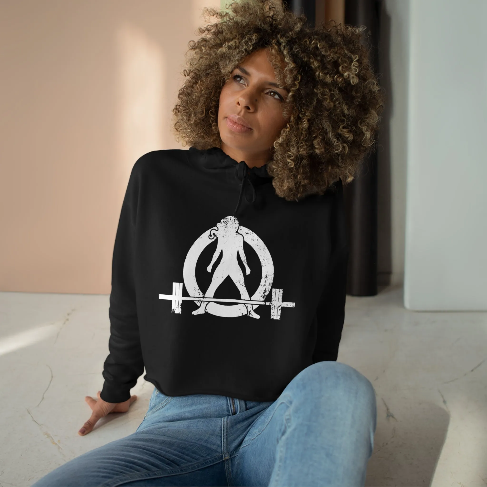 Crop Hoodie - Black  - White Distressed Logo
