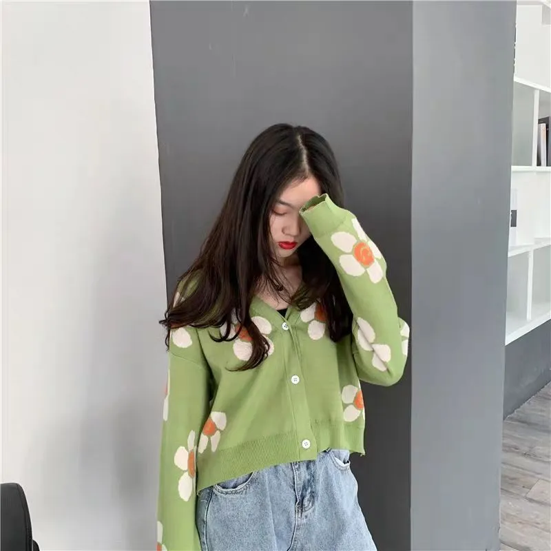 Daisy Flower Loose V-neck  Knitted Cardigan