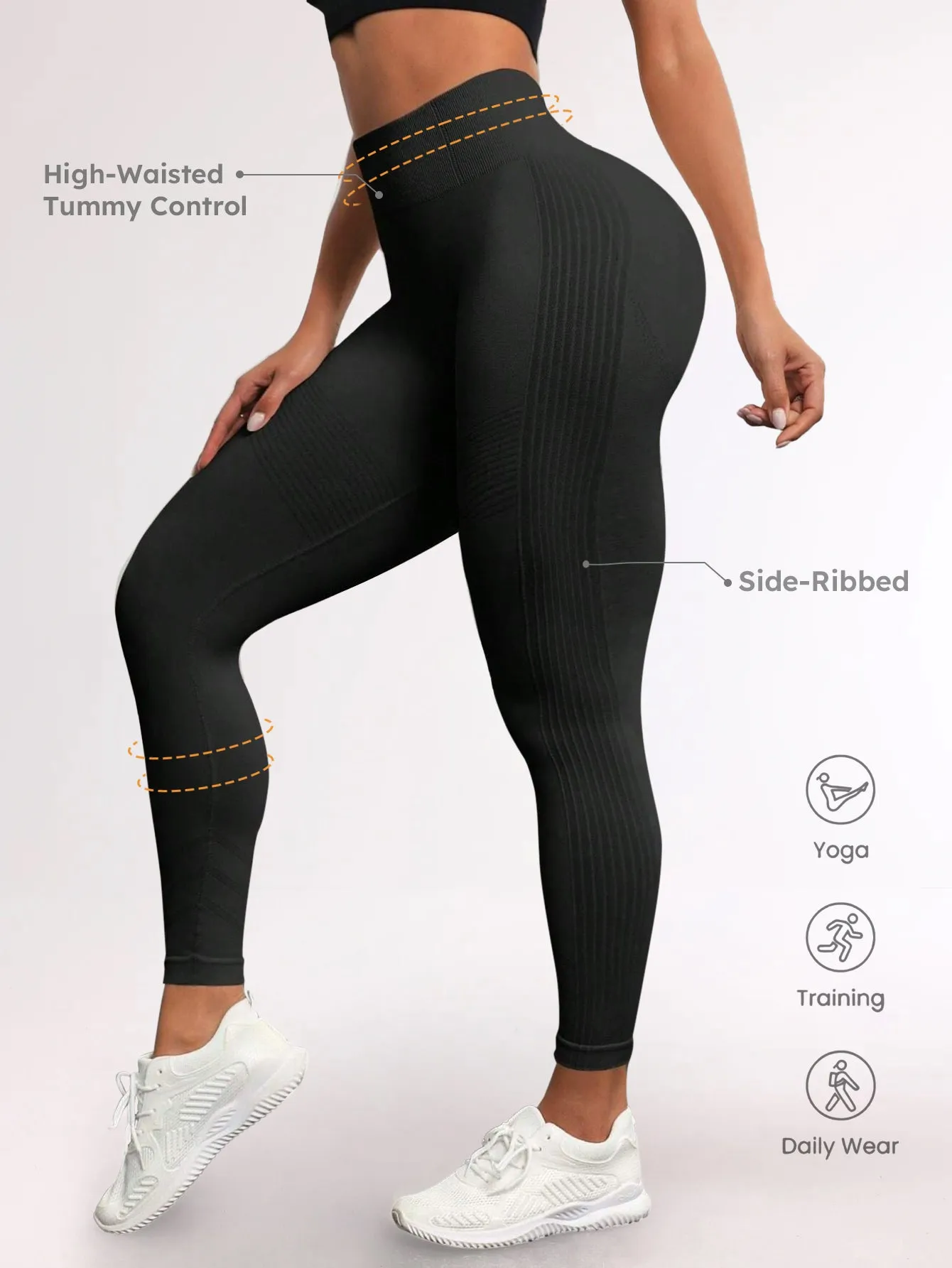 High Waist Tummy Control Side-Ribbed Butt-Lifting Leggings