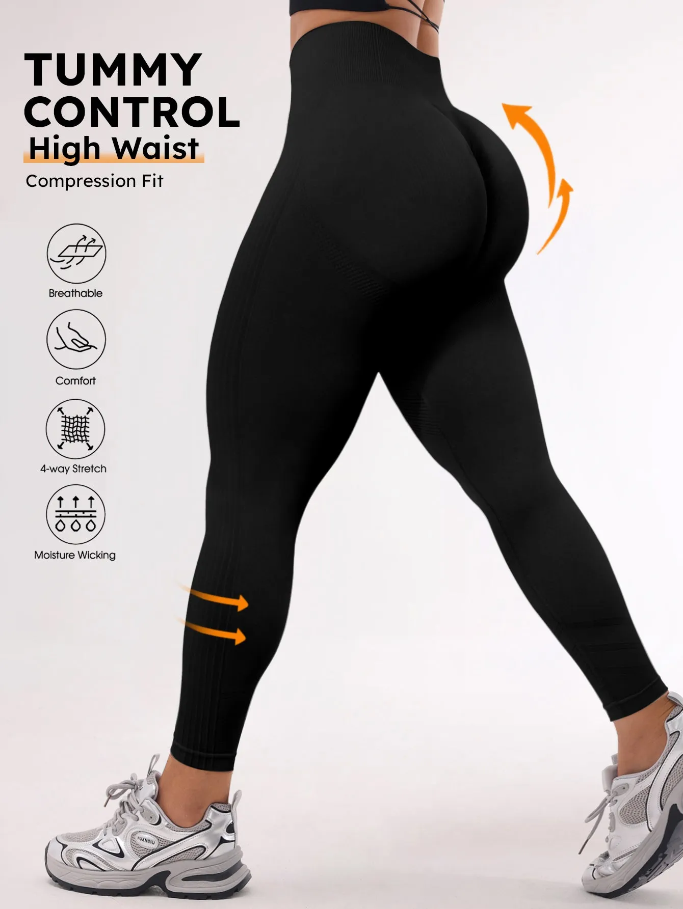 High Waist Tummy Control Side-Ribbed Butt-Lifting Leggings