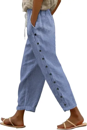 Linen Pants Women Linen Pants Elastic Capri Pants 2025 Pants with Pockets Wide Leg Cropped Pants Petite