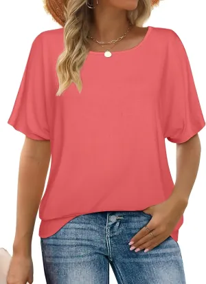 Lyrur Women's Short Sleeve Boat Neck Knit Loose Fit Tops 2025 Summer Basic Casual T Shirt Blouse with Banded Bottom