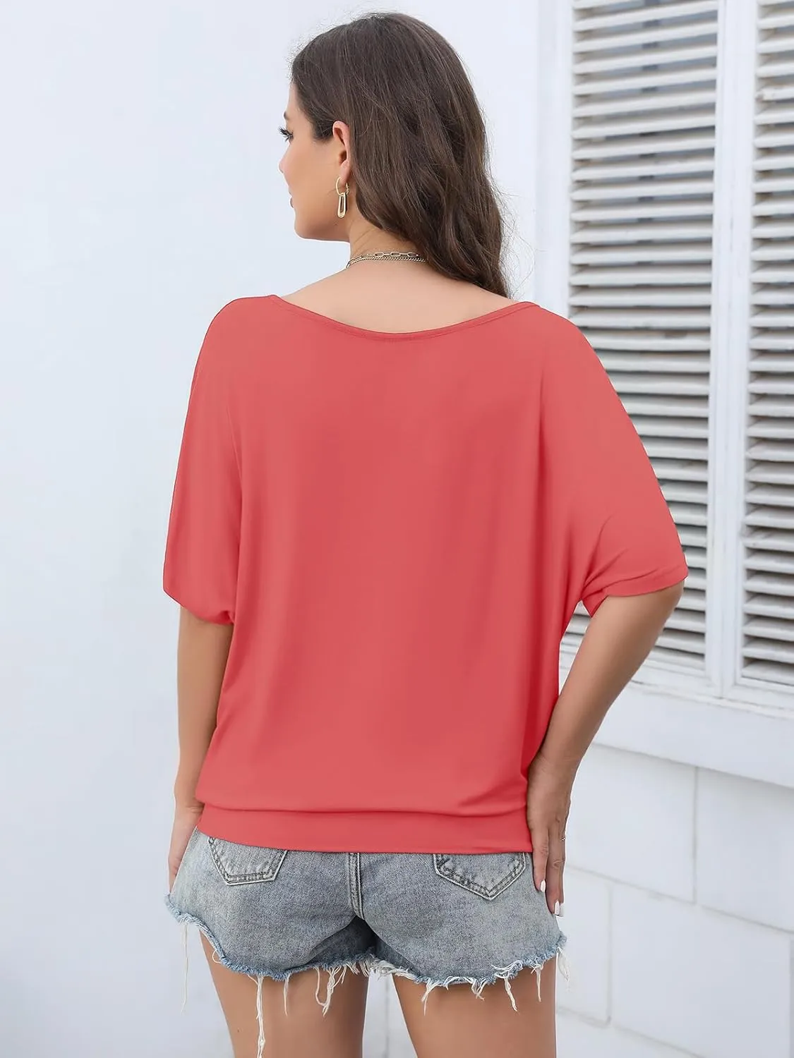 Lyrur Women's Short Sleeve Boat Neck Knit Loose Fit Tops 2025 Summer Basic Casual T Shirt Blouse with Banded Bottom