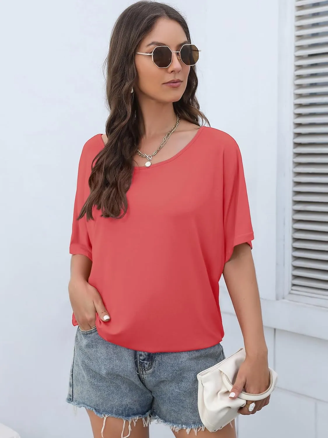 Lyrur Women's Short Sleeve Boat Neck Knit Loose Fit Tops 2025 Summer Basic Casual T Shirt Blouse with Banded Bottom