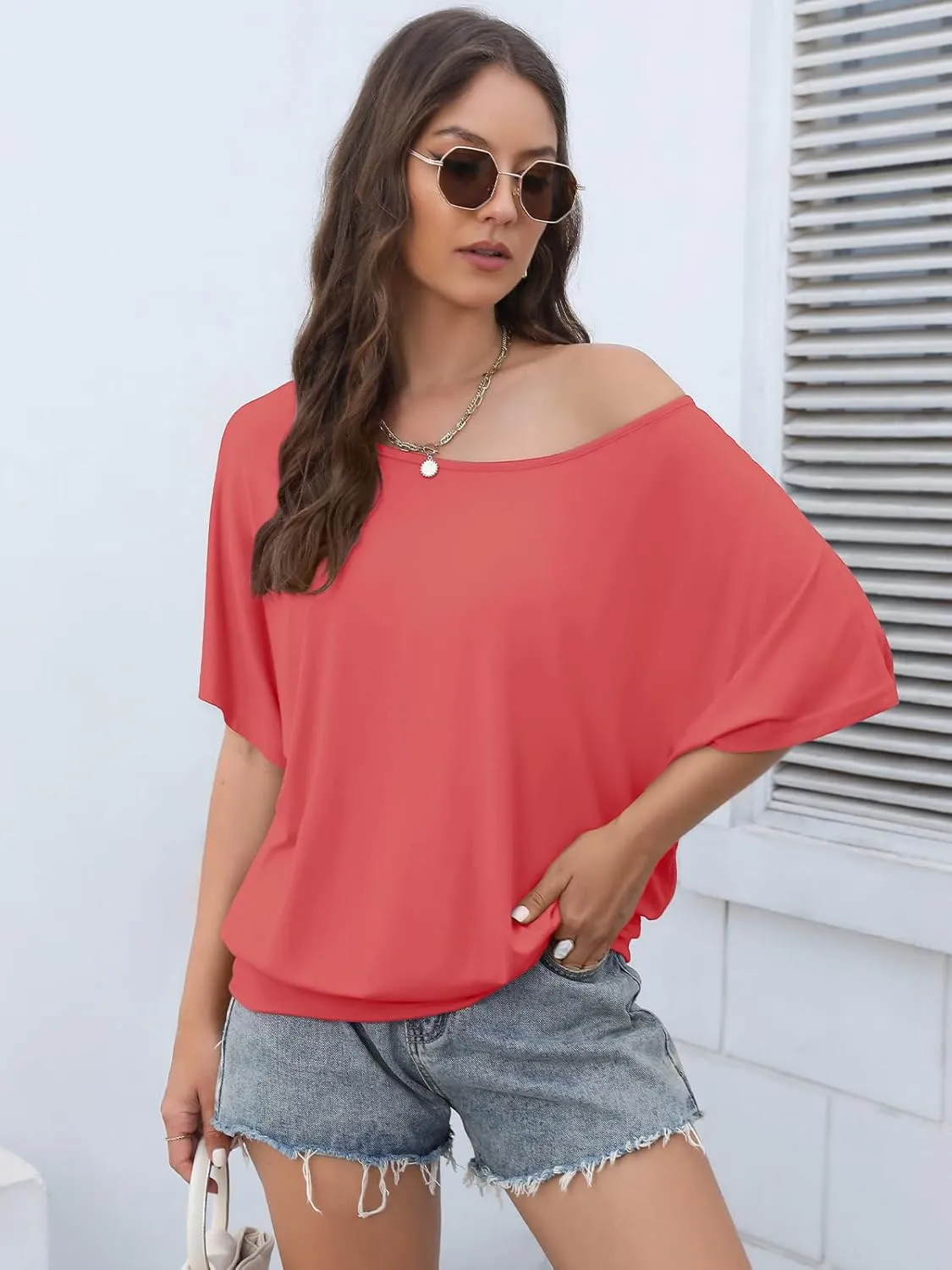 Lyrur Women's Short Sleeve Boat Neck Knit Loose Fit Tops 2025 Summer Basic Casual T Shirt Blouse with Banded Bottom