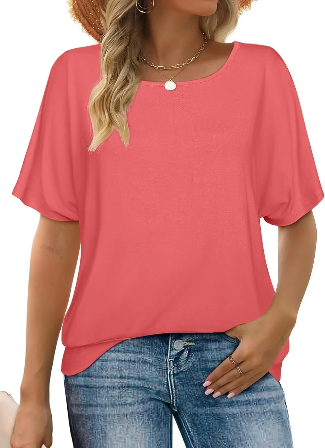 Lyrur Women's Short Sleeve Boat Neck Knit Loose Fit Tops 2025 Summer Basic Casual T Shirt Blouse with Banded Bottom