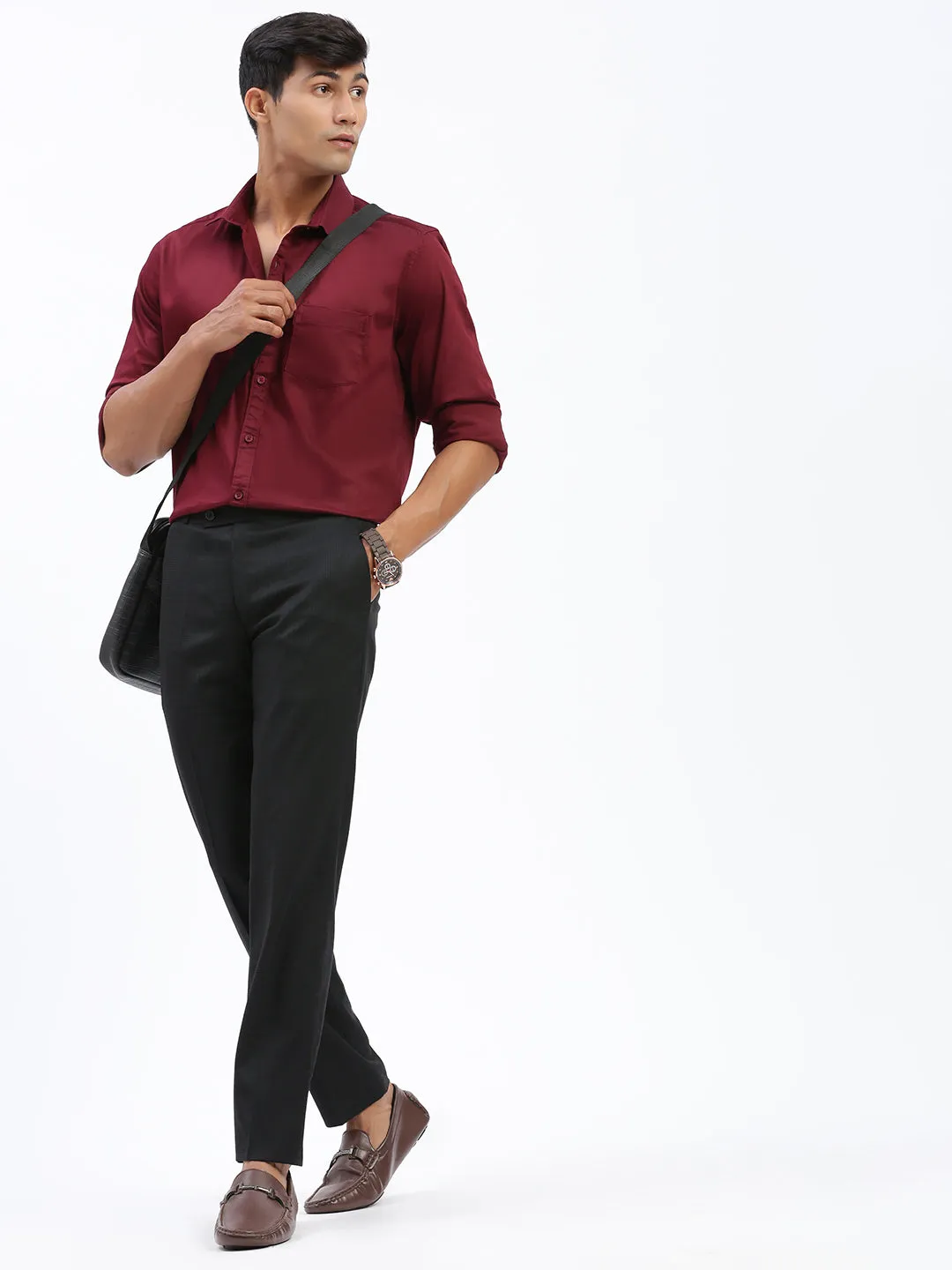 Men Black Comfort Slim Fit Low-Rise Formal Trouser