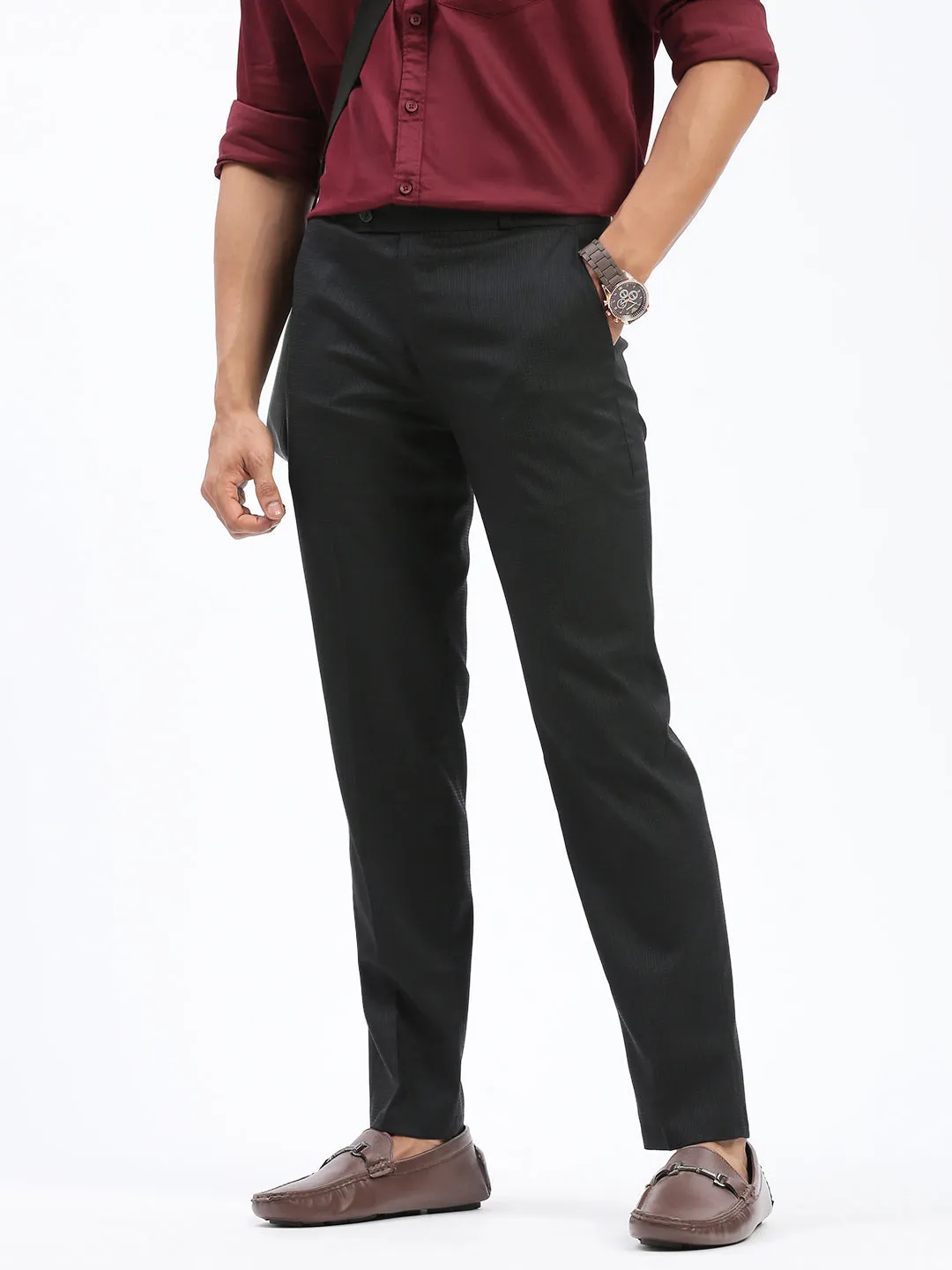 Men Black Comfort Slim Fit Low-Rise Formal Trouser