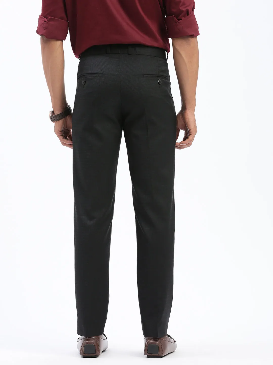 Men Black Comfort Slim Fit Low-Rise Formal Trouser