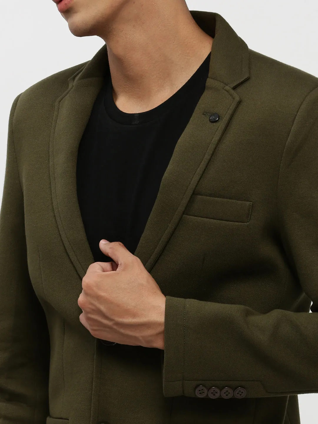 Men Olive Notched Lapel Single Breasted Slim Fit Blazer