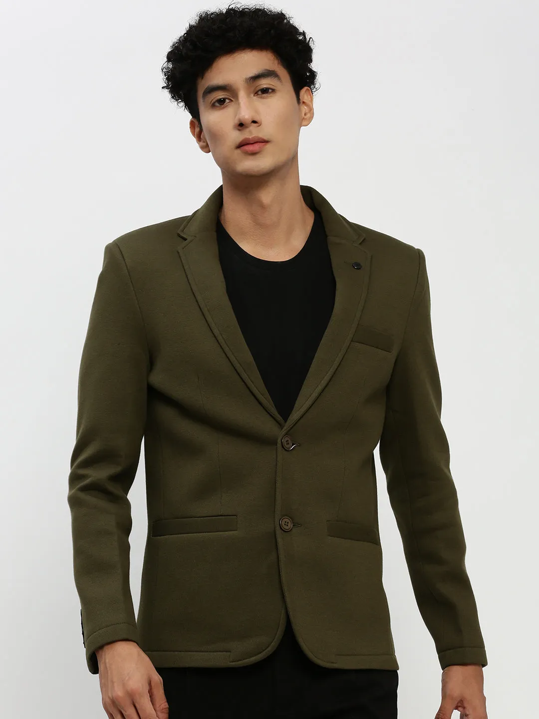 Men Olive Notched Lapel Single Breasted Slim Fit Blazer