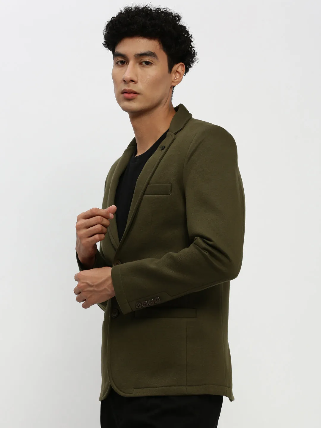 Men Olive Notched Lapel Single Breasted Slim Fit Blazer