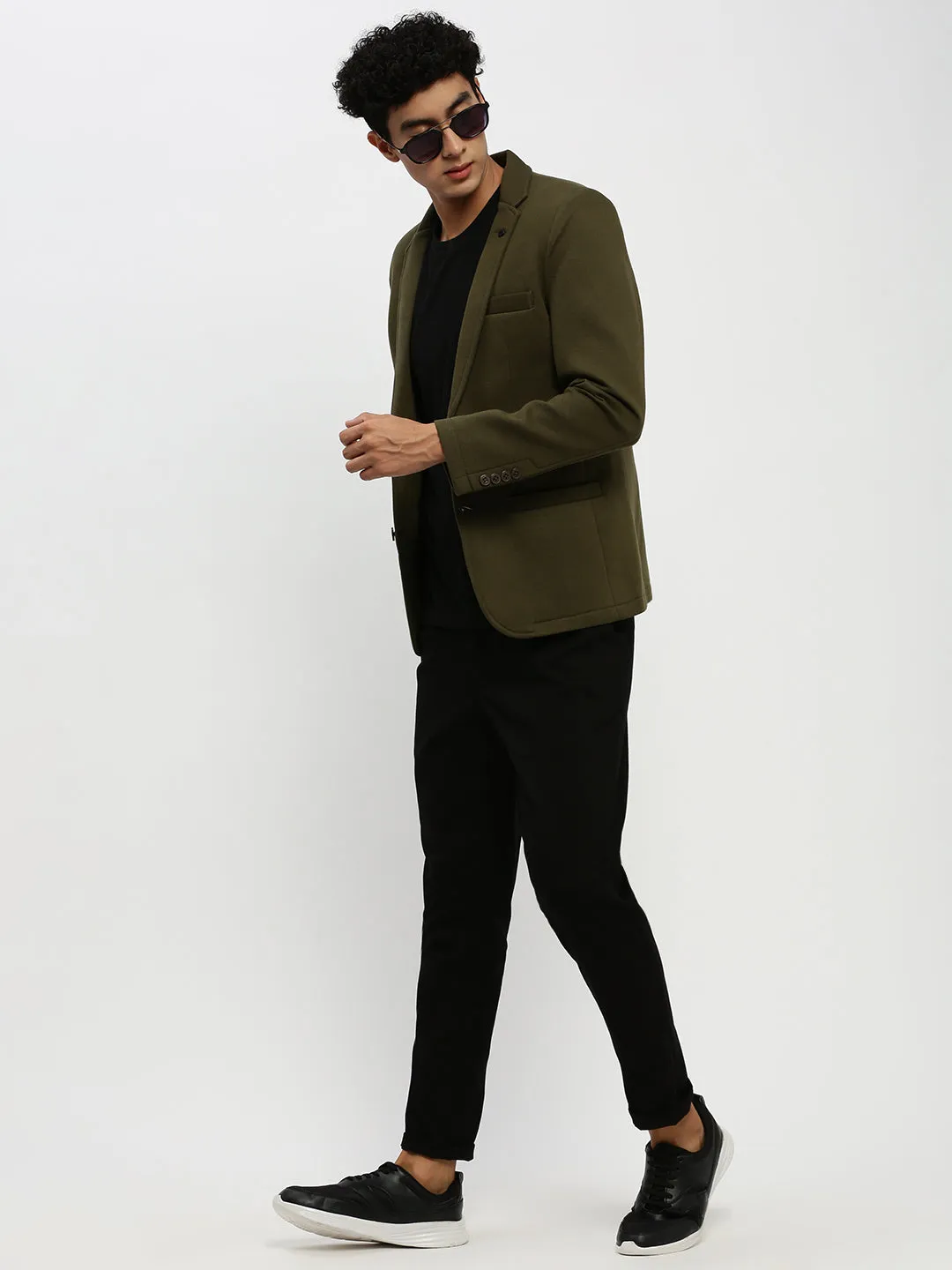 Men Olive Notched Lapel Single Breasted Slim Fit Blazer