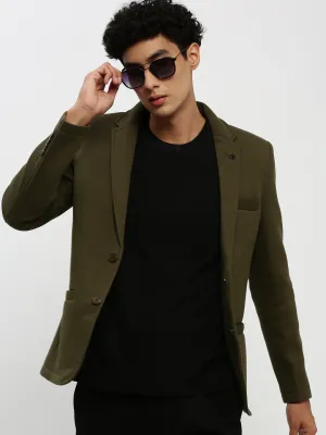 Men Olive Notched Lapel Single Breasted Slim Fit Blazer