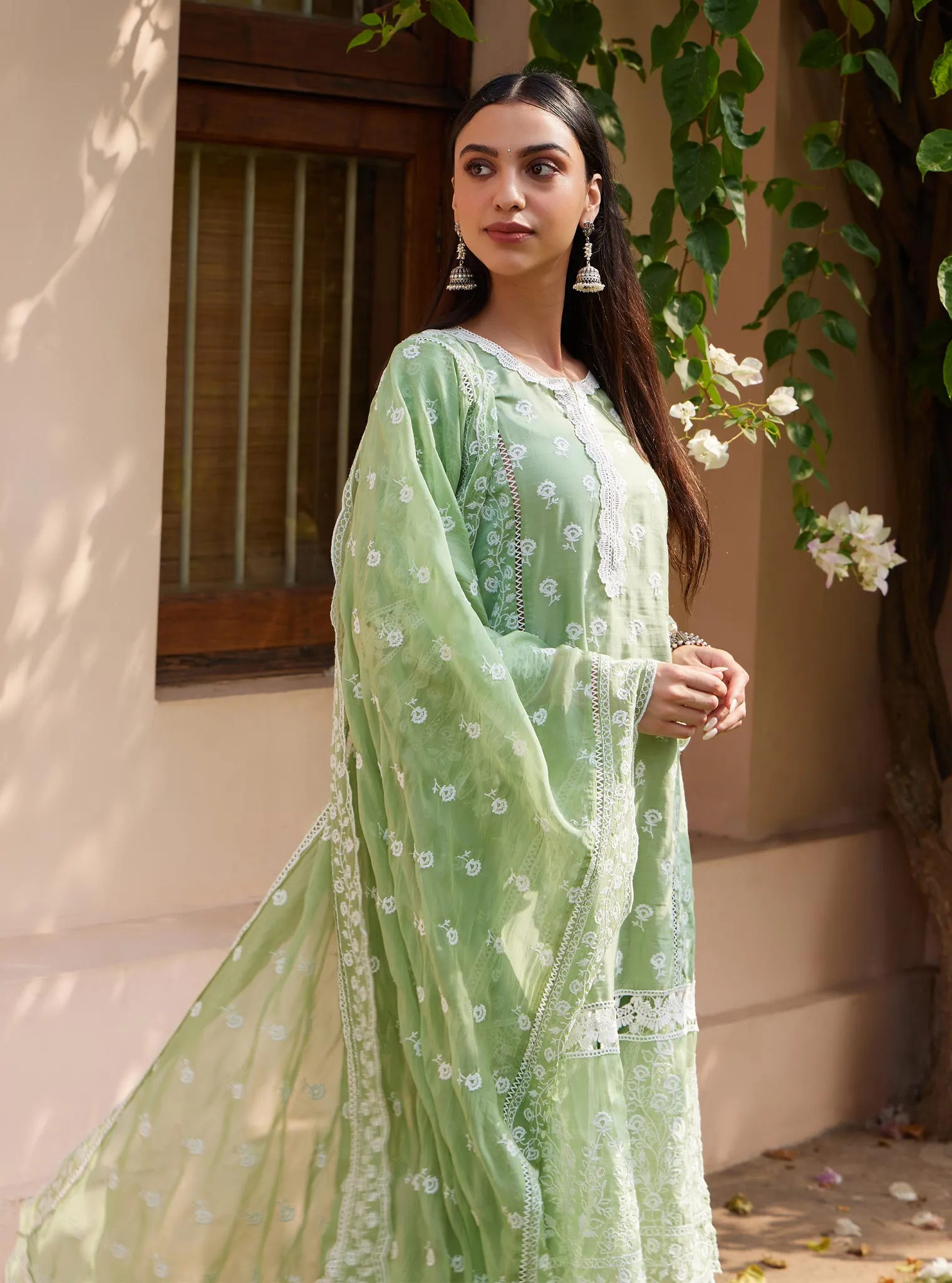 Mulmul Pima Svasti Green Kurta with Mulmul Pima Svasti Green Pant