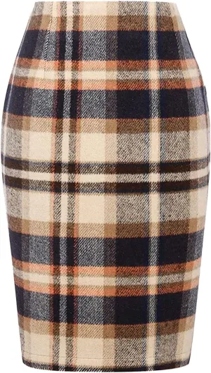 Pencil Skirt Women Pencil Plaid Skirts for Women Fall Winter High Waisted Bodycon Knee Length Wool Midi Skirt