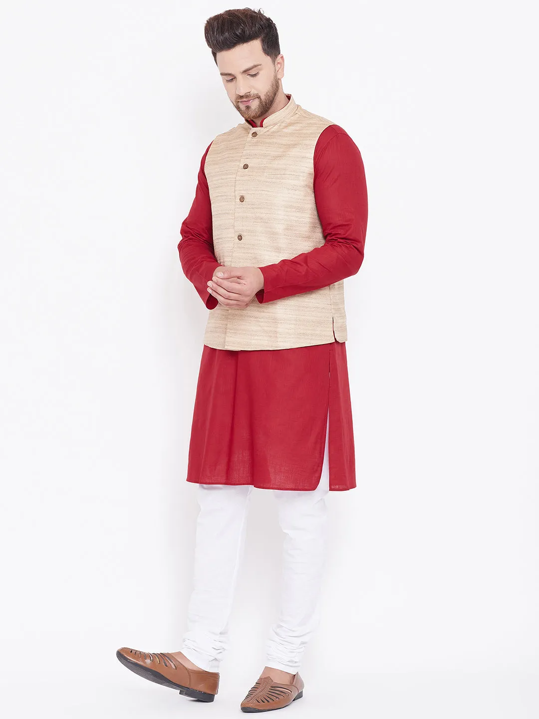 VASTRAMAY Men's Beige Maroon Cotton Jacket Set