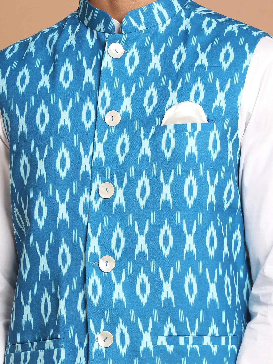 VASTRAMAY Turquoise Cotton Nehru Jacket Set