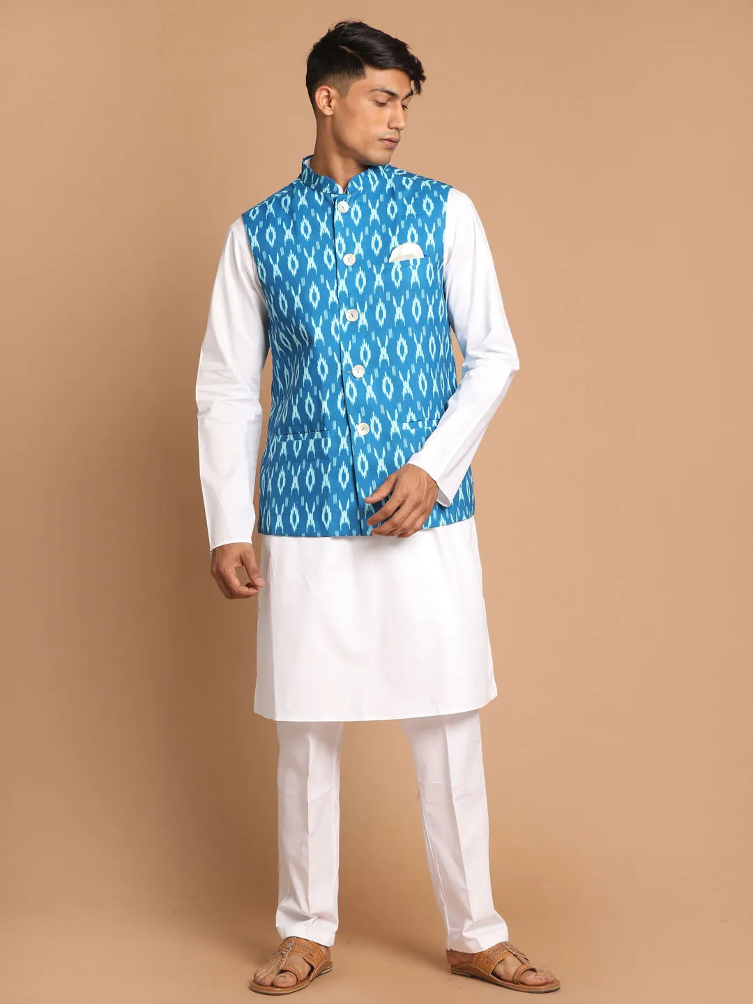 VASTRAMAY Turquoise Cotton Nehru Jacket Set