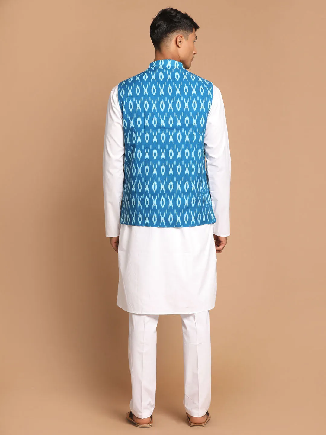 VASTRAMAY Turquoise Cotton Nehru Jacket Set