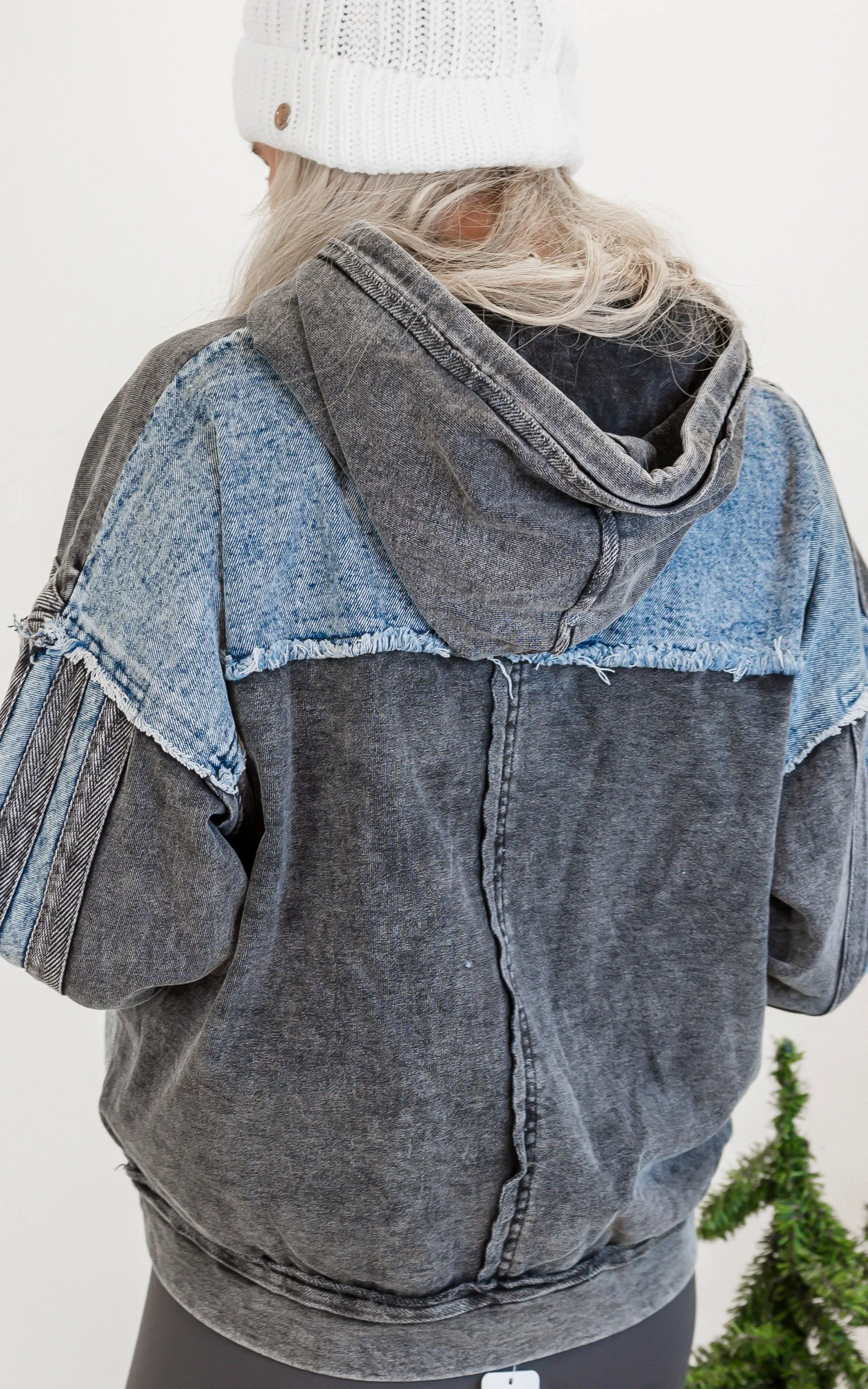 Washed Knit Denim Mix Hoodie