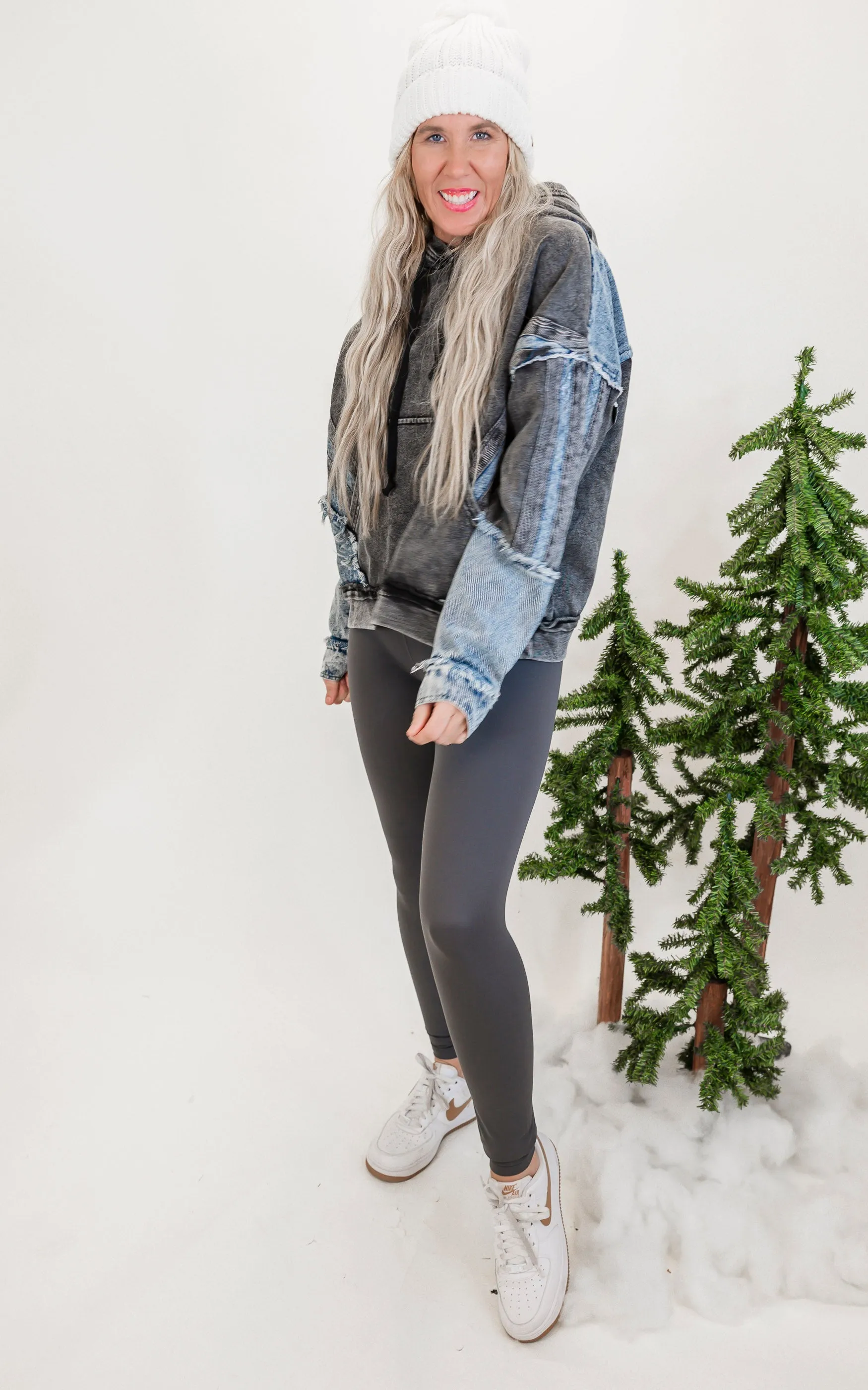 Washed Knit Denim Mix Hoodie