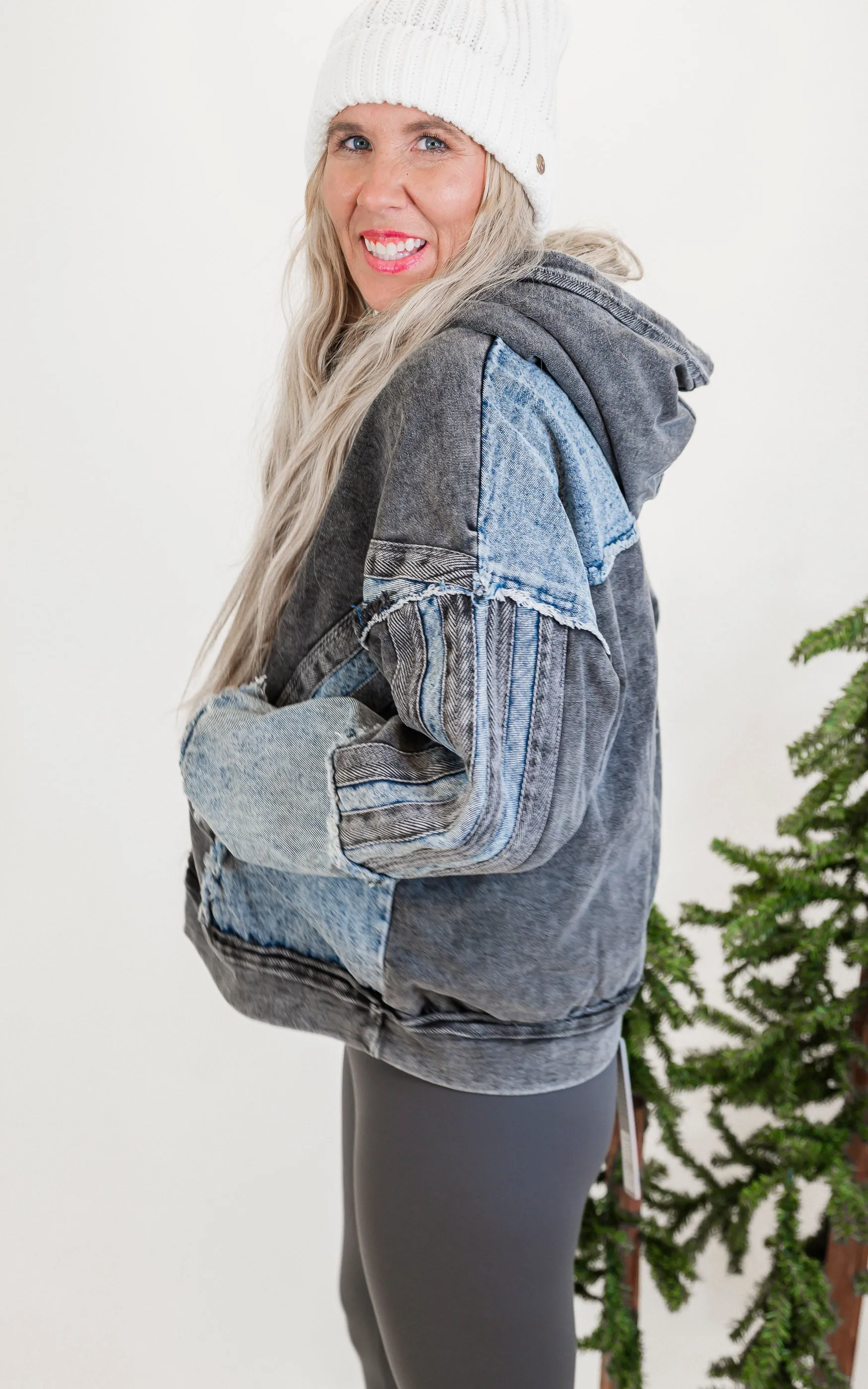 Washed Knit Denim Mix Hoodie