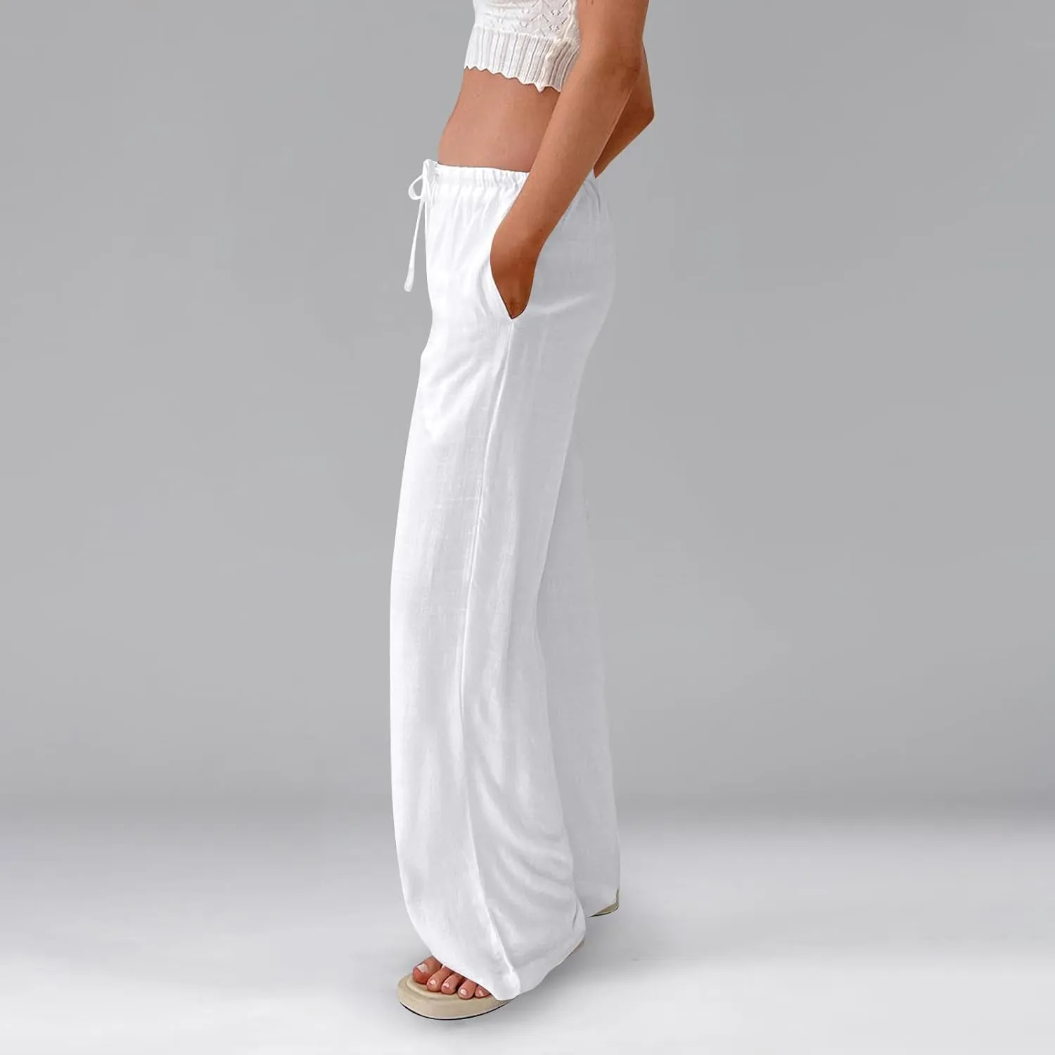 Wide Leg Linen Pants Women High Waisted Drawstring Cotton Palazzo Pants Straight Leg Flowy Beach Pants with Pockets