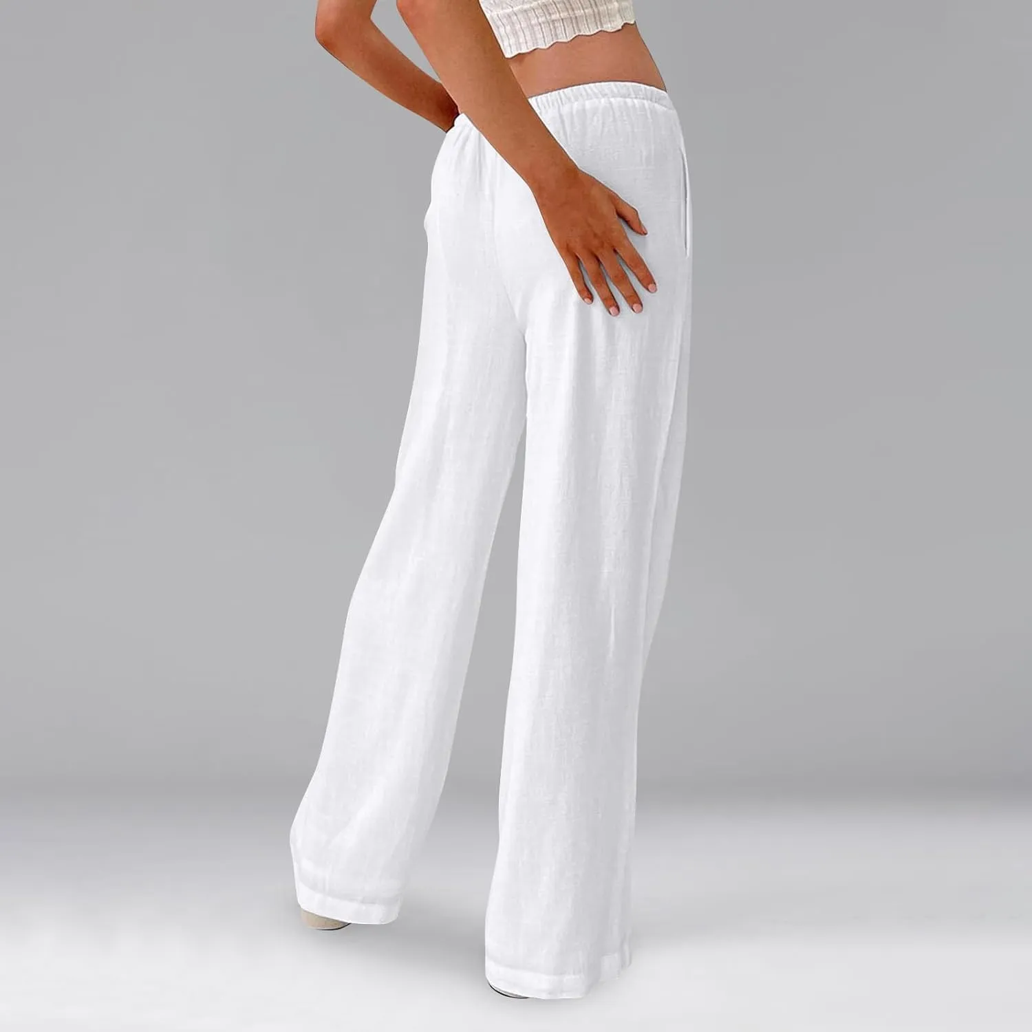Wide Leg Linen Pants Women High Waisted Drawstring Cotton Palazzo Pants Straight Leg Flowy Beach Pants with Pockets