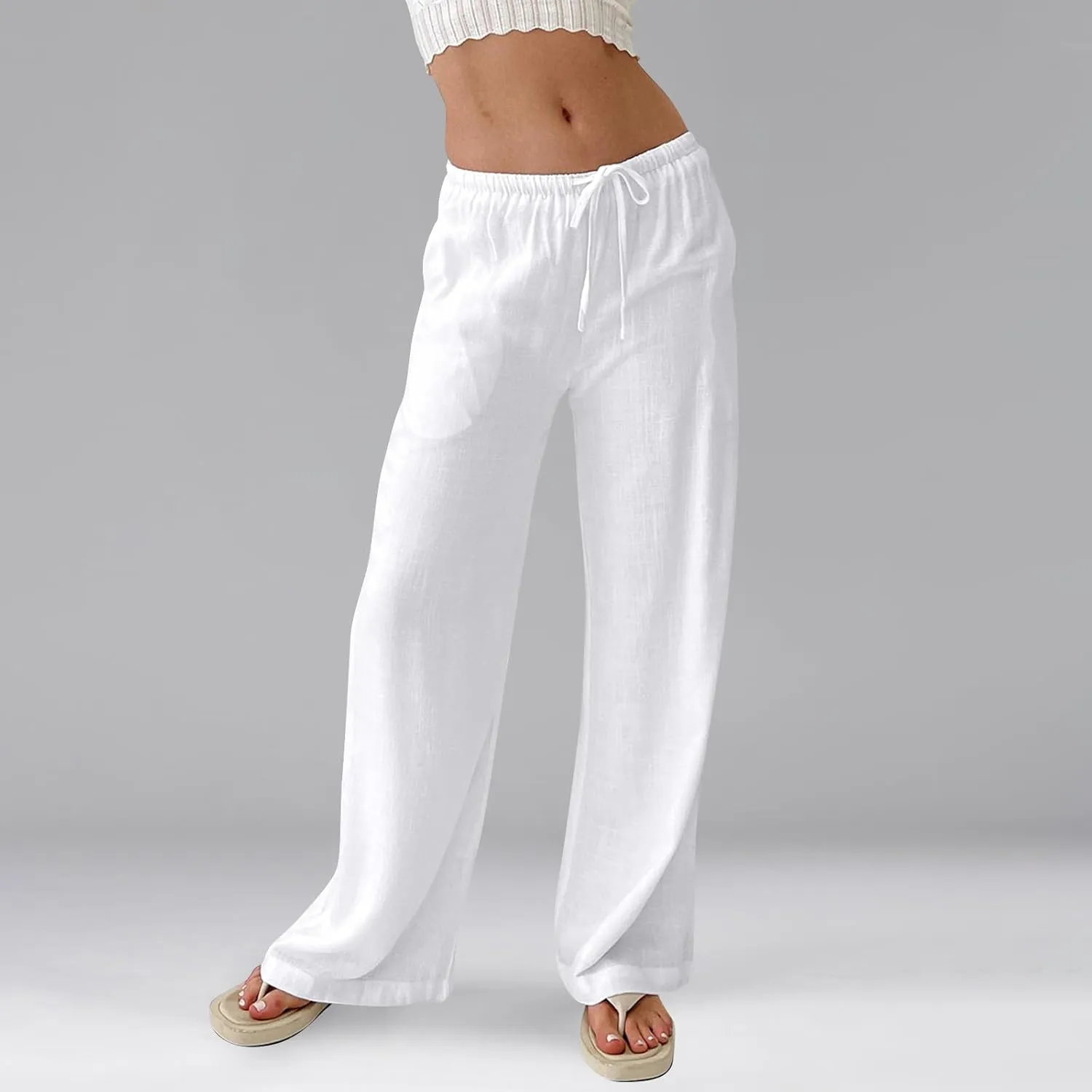 Wide Leg Linen Pants Women High Waisted Drawstring Cotton Palazzo Pants Straight Leg Flowy Beach Pants with Pockets