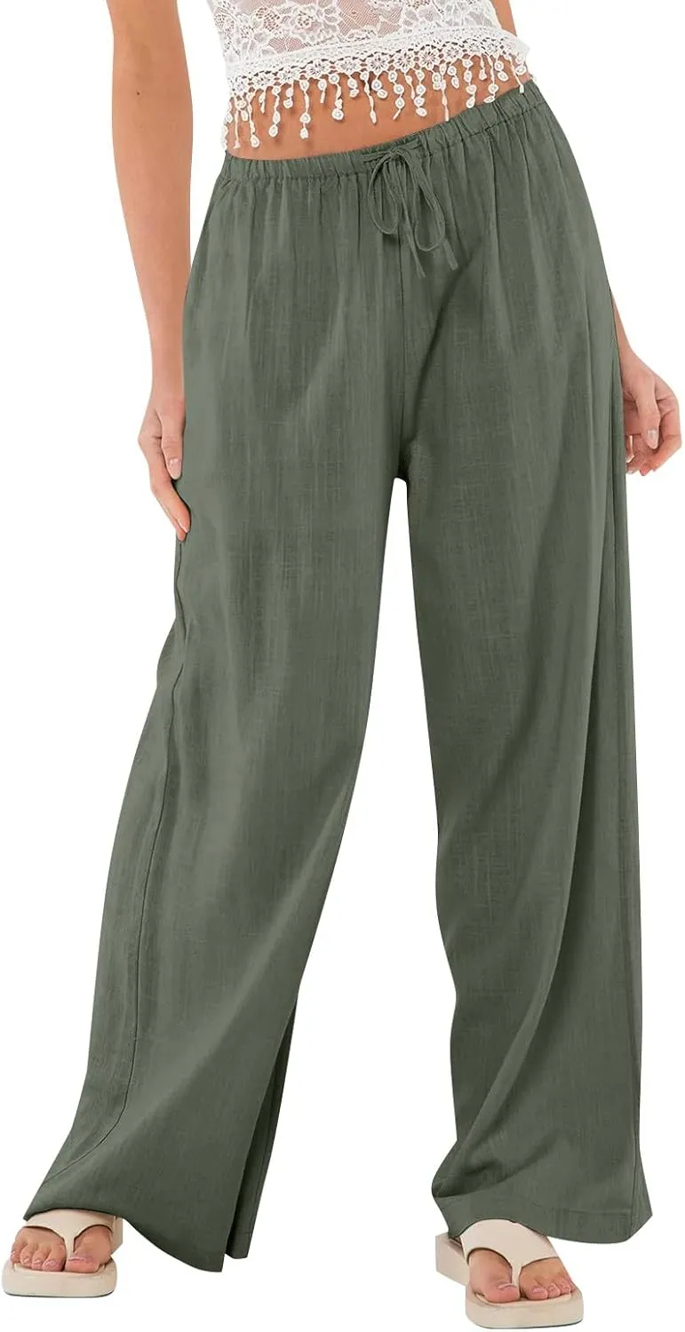Wide Leg Linen Pants Women High Waisted Drawstring Cotton Palazzo Pants Straight Leg Flowy Beach Pants with Pockets