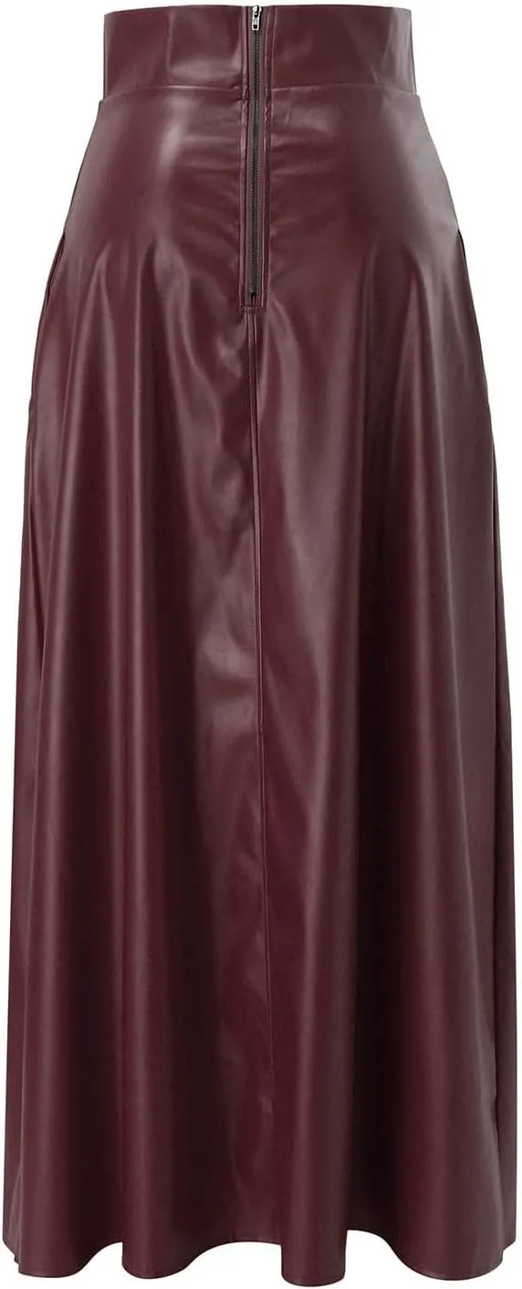 Woman Sexy PU Leather High Split Skirt High Waist Streetwear Long Maxi Skirts Solid Color A-Line Skirt
