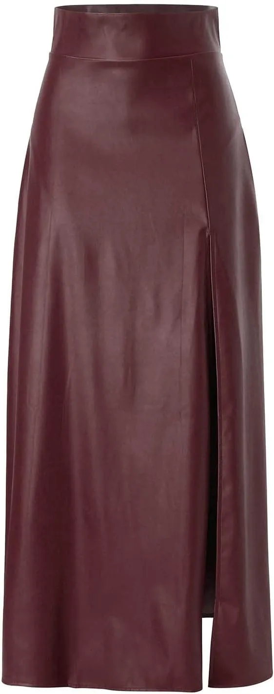Woman Sexy PU Leather High Split Skirt High Waist Streetwear Long Maxi Skirts Solid Color A-Line Skirt