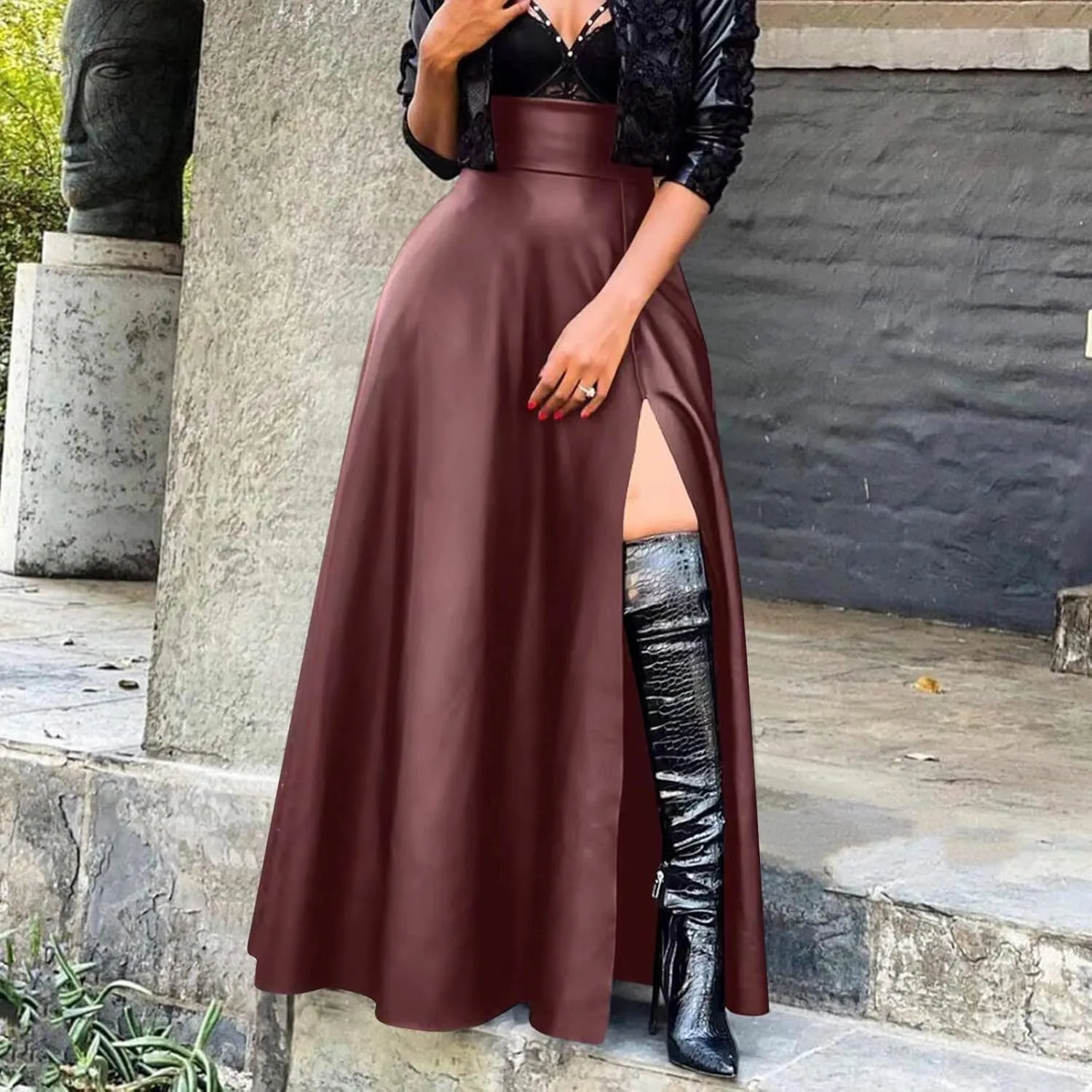 Woman Sexy PU Leather High Split Skirt High Waist Streetwear Long Maxi Skirts Solid Color A-Line Skirt
