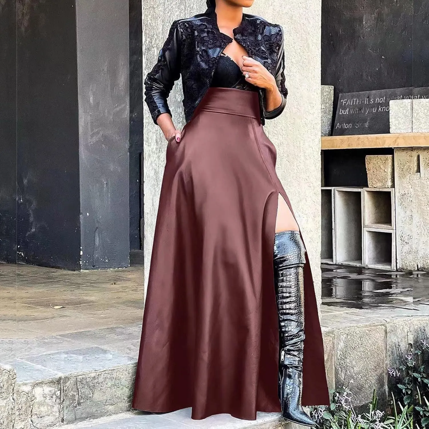 Woman Sexy PU Leather High Split Skirt High Waist Streetwear Long Maxi Skirts Solid Color A-Line Skirt