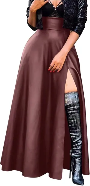 Woman Sexy PU Leather High Split Skirt High Waist Streetwear Long Maxi Skirts Solid Color A-Line Skirt