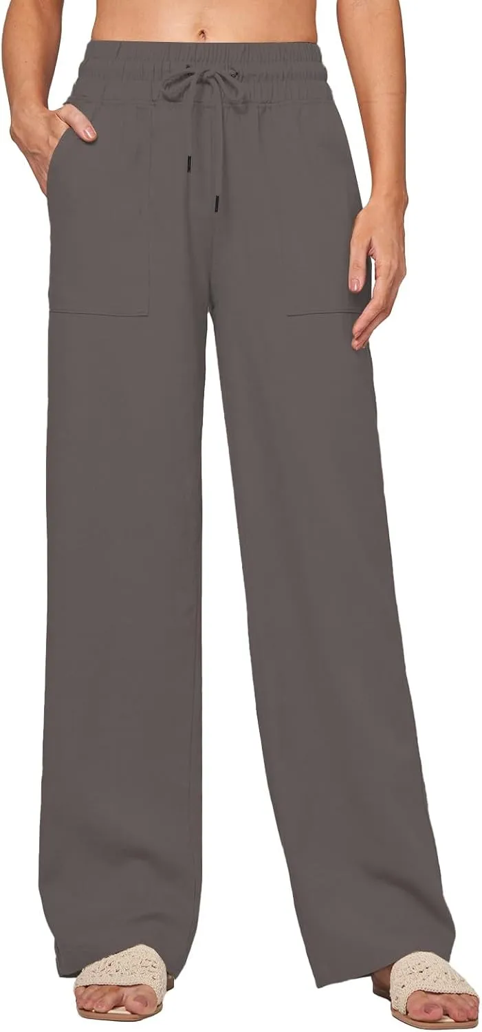 Womens Linen Pants Wide Leg Elastic High Waist Pants Summer Casual Work Long Trousers with Pockets Lounge Wear