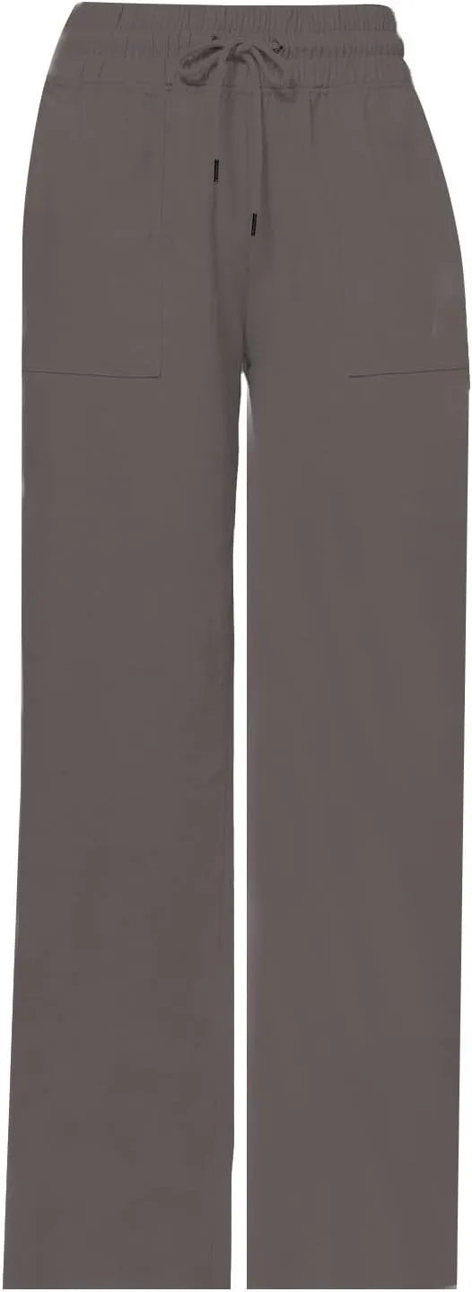 Womens Linen Pants Wide Leg Elastic High Waist Pants Summer Casual Work Long Trousers with Pockets Lounge Wear