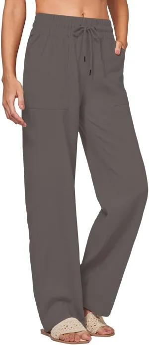 Womens Linen Pants Wide Leg Elastic High Waist Pants Summer Casual Work Long Trousers with Pockets Lounge Wear