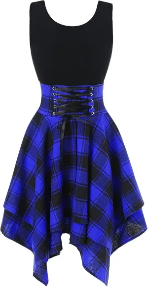 Women's Spring Dresses 2024 Fashion Sleeveless Cold Shoulder Cross Up Plaid Print Irregular Dress, S-2Xl